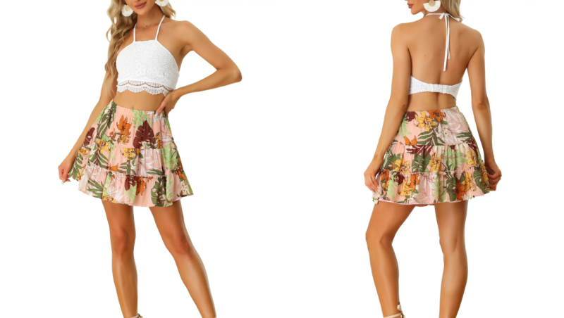 Allegra K 2-Piece Crop Top with Floral Mini Skirt Set